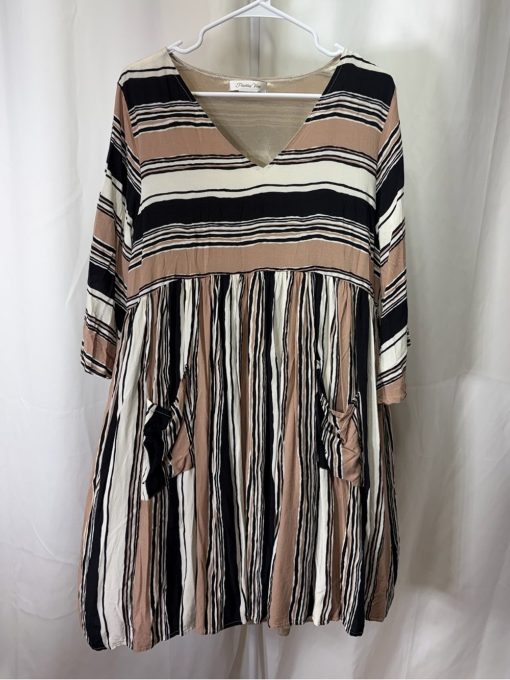 V-Neck Striped Tiered Long Sleeve Dress in Beige, Black & Cream 2530
